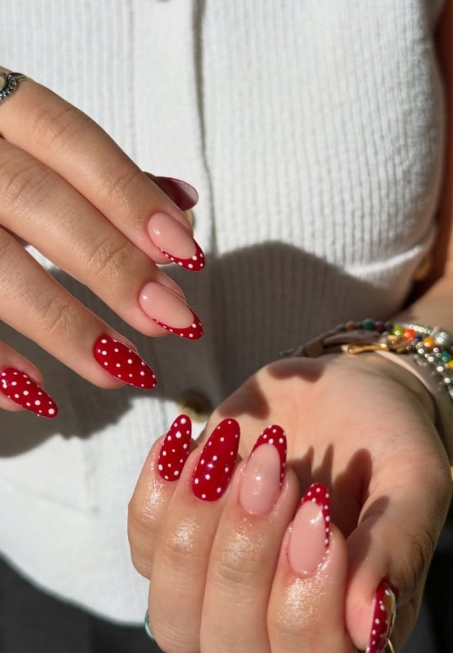 Medium Almond Red Polka Dot French Tips, Close-Up Take — Best Cute French Tip Nails