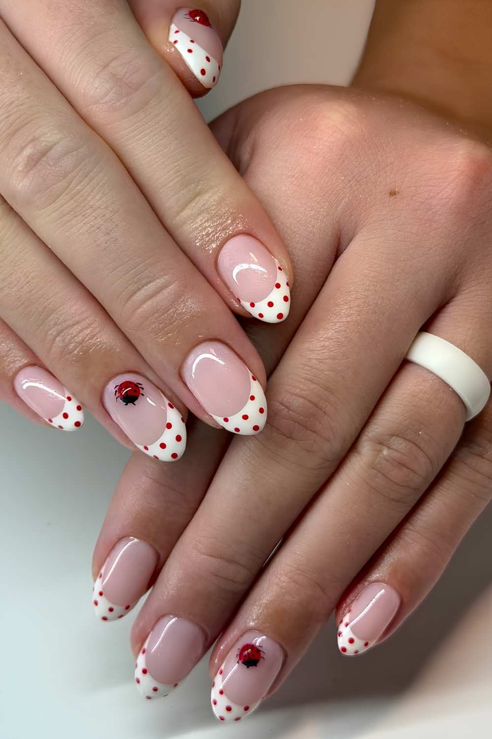 Short Oval Ladybug Polka Dot French — Best Cute French Tip Nails