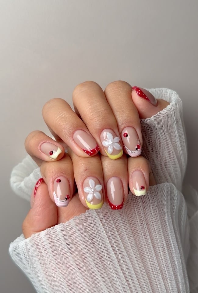 Medium Almond Ladybug Floral French Tips — Best Cute French Tip Nails