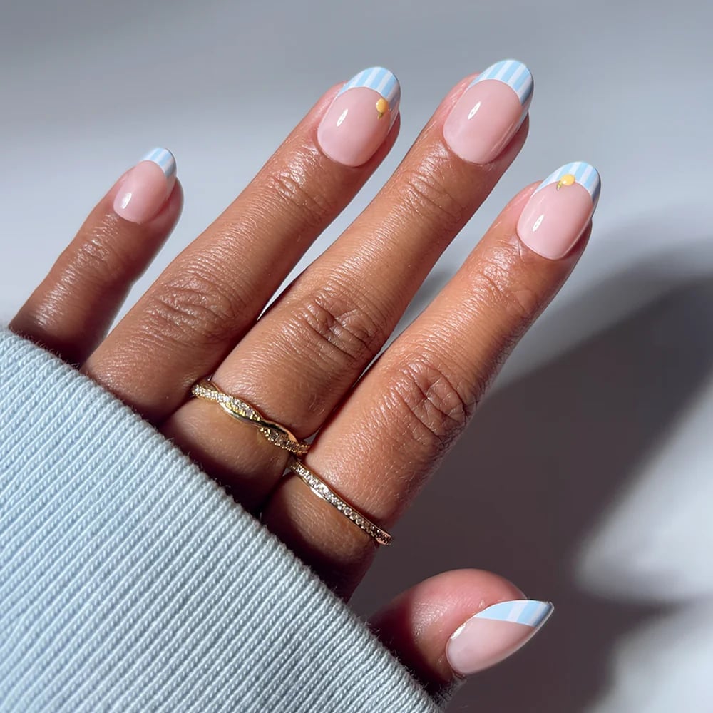 Medium Squoval Blue White Stripe French — Best Cute French Tip Nails