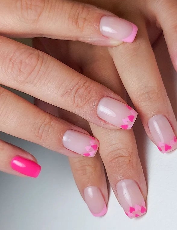 Short Square Pink Hearts French Tips — Best Cute French Tip Nails