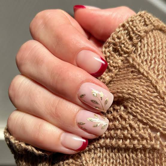 Gold Leaf Deep Red French Tip Short Almond Nails Gold Leaf Deep Red French Tip Short Almond Nails — Best Simple Short Nails