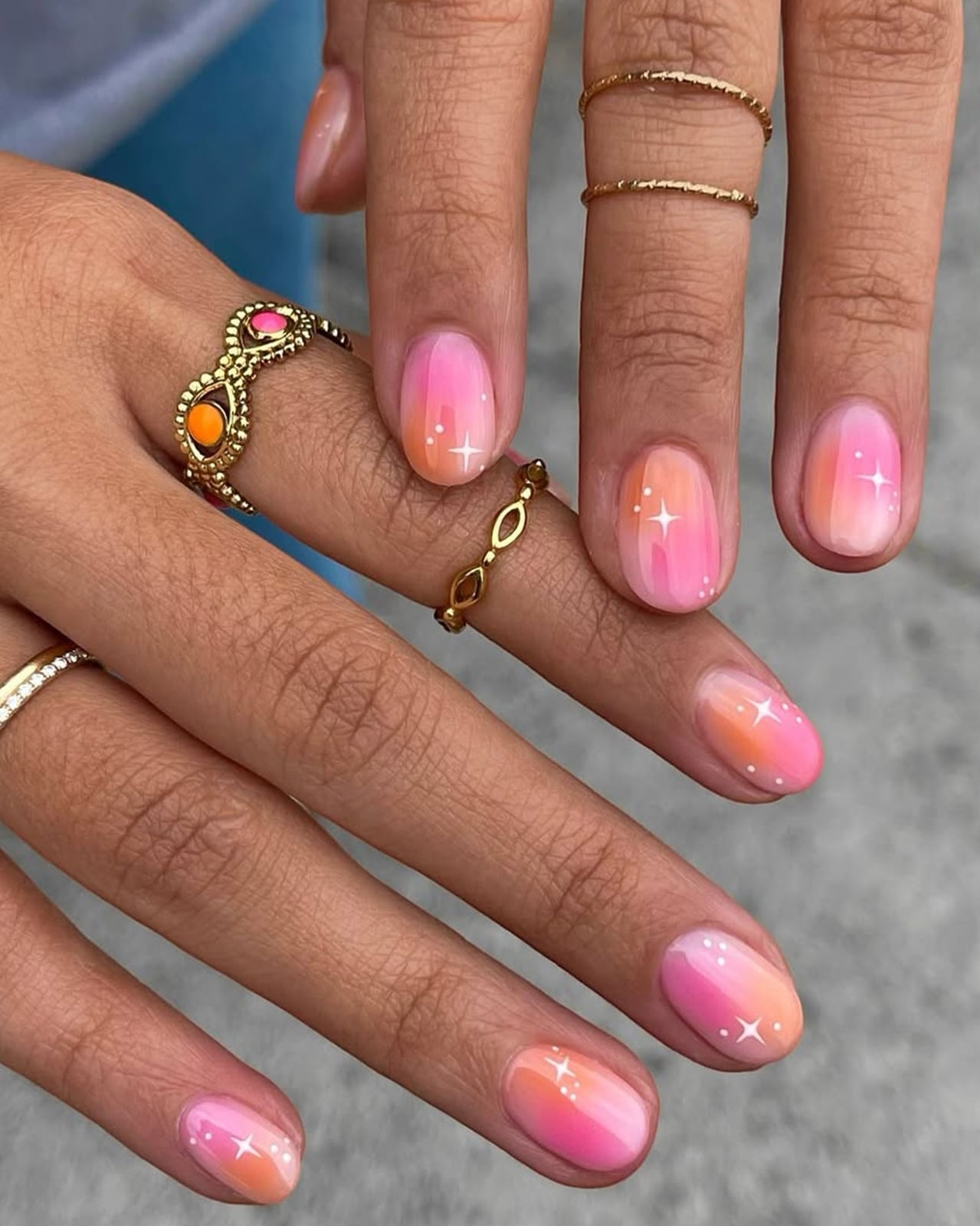 Pink to Orange Gradient Stars Short Oval Nails Pink to Orange Gradient Stars Short Oval Nails — Best Simple Short Nails