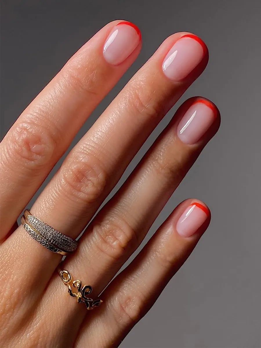 Short Oval French Manicure with Red Tips Short Oval French Manicure with Red Tips — Best Simple Short Nails