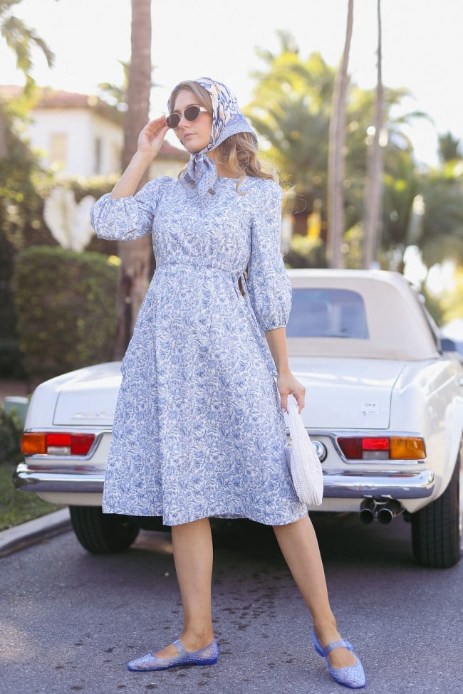 Blue and White Floral Midi Dress with Headscarf — Best Types of Dresses