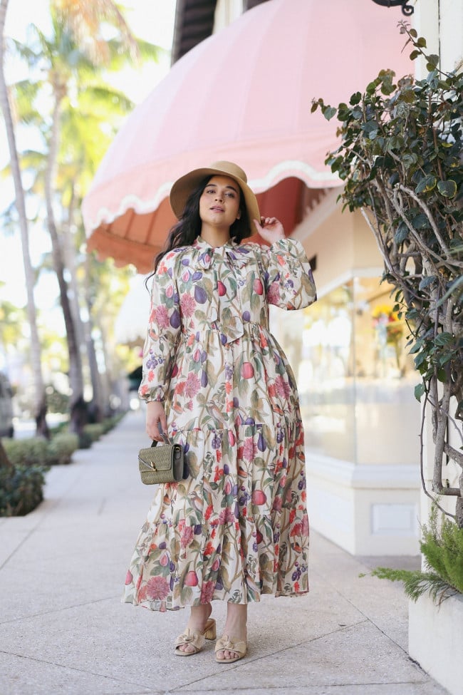 Tiered Midi Dress with Fruit and Floral Print, Close-Up Take — Best Types of Dresses