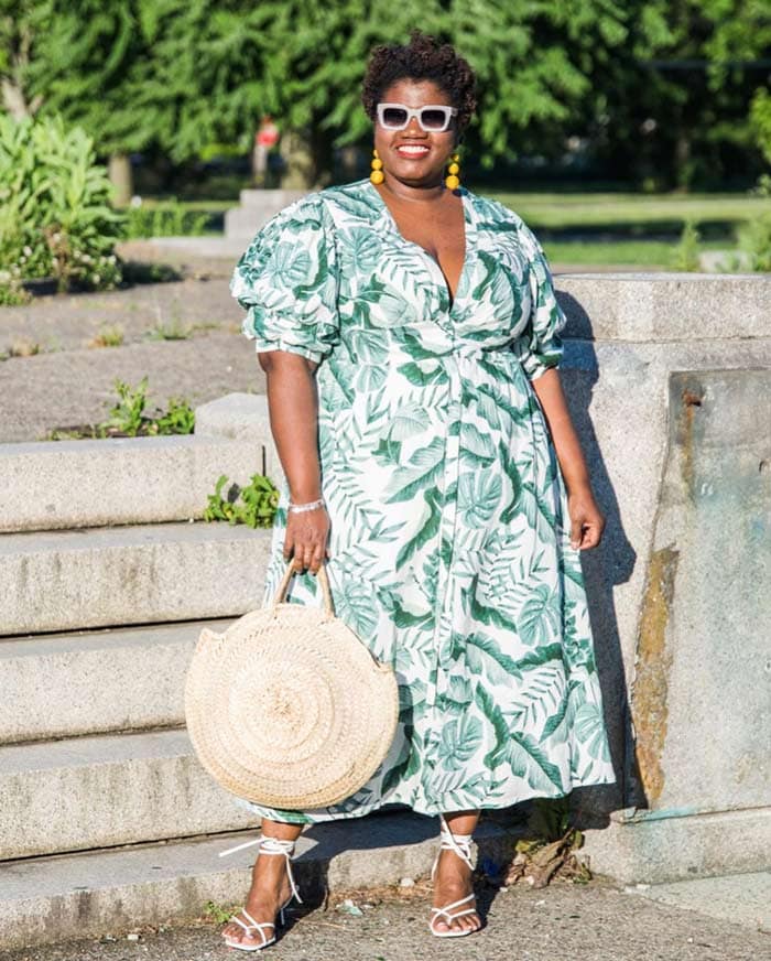 Green and White Leaf Print Wrap Midi Dress With Large Straw Tote Bag — Best Types of Dresses