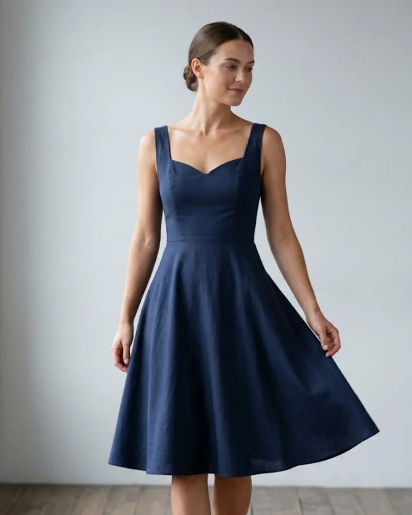 Dark Blue Linen Fit and Flare Midi Dress — Best Types of Dresses