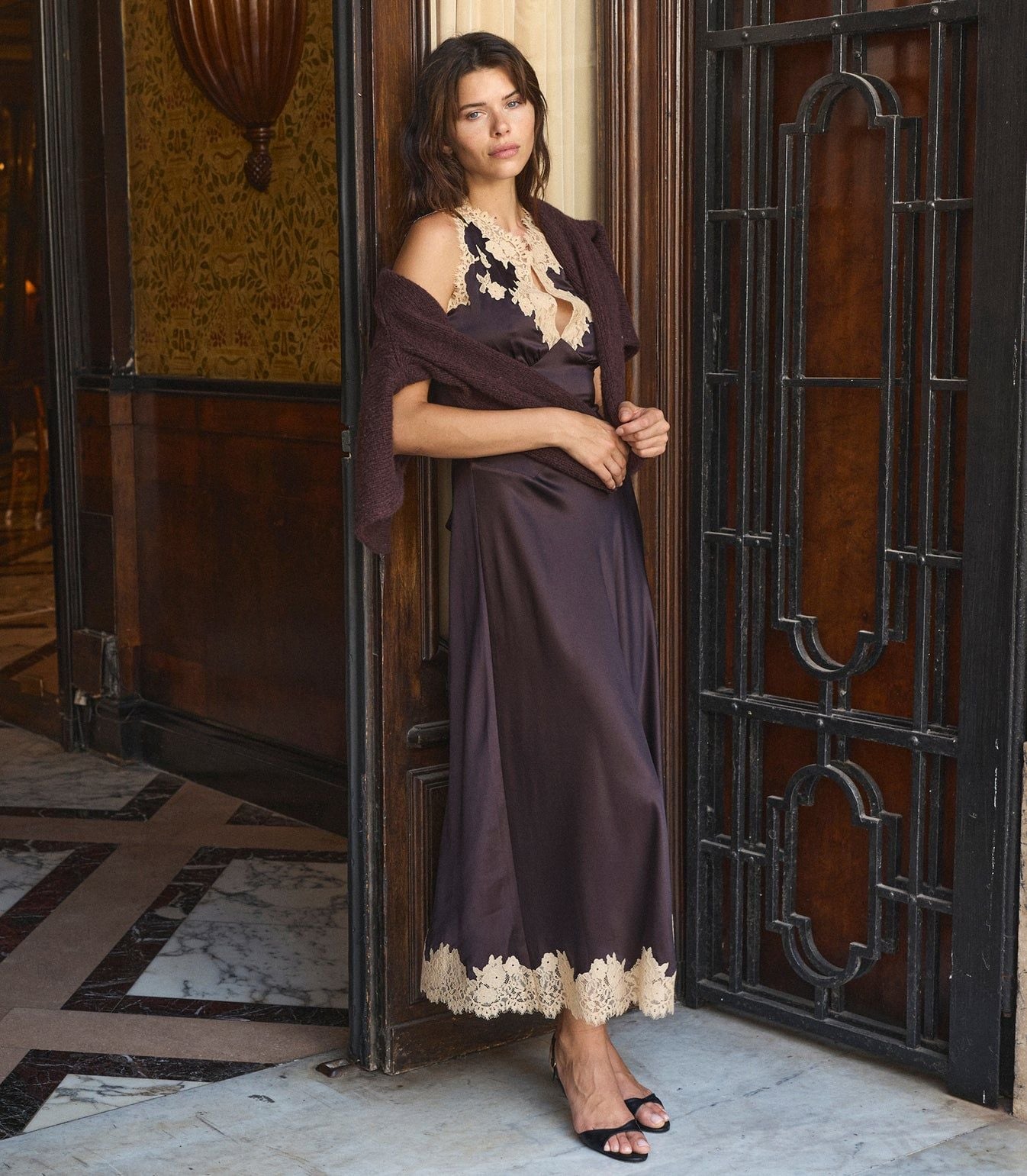 Dark Brown Satin Slip Dress with Lace Trim — Best Types of Dresses