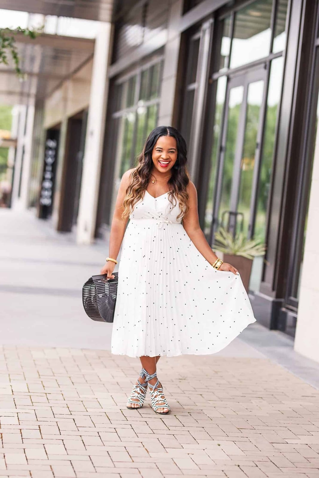 White Polka Dot Midi Dress with Pleated Skirt — Best Types of Dresses