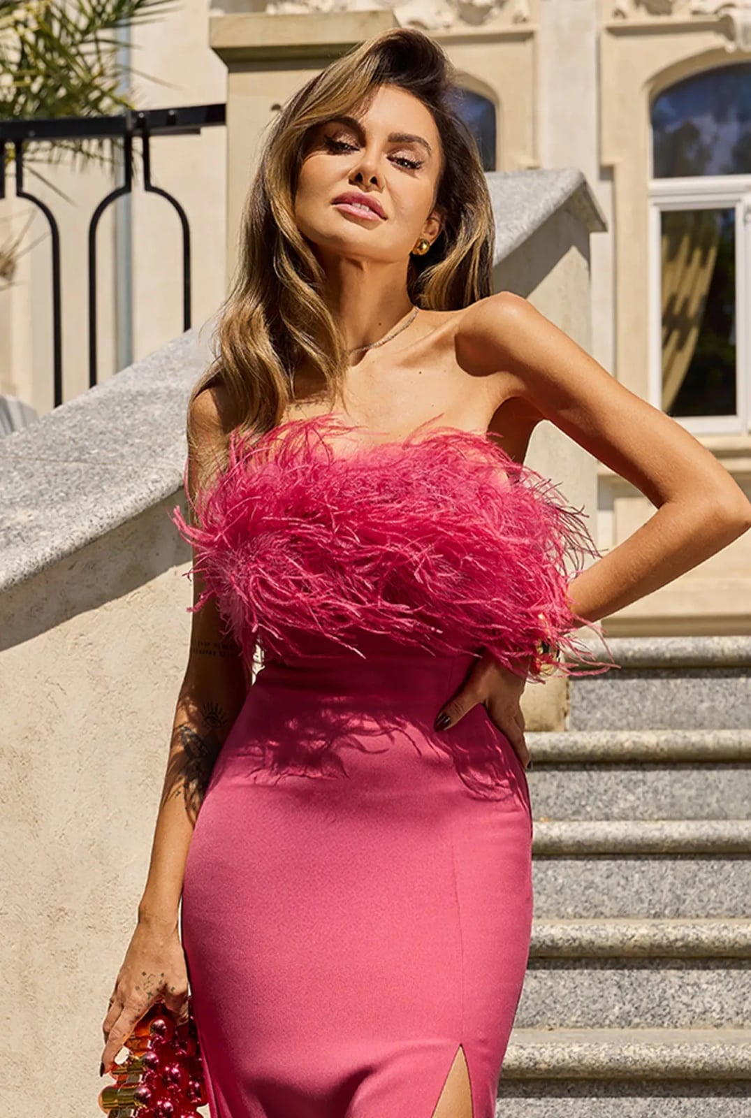 Hot Pink Strapless Feather Trim Sheath Dress Hot Pink Strapless Feather Trim Sheath Dress — Best Unique Dresses