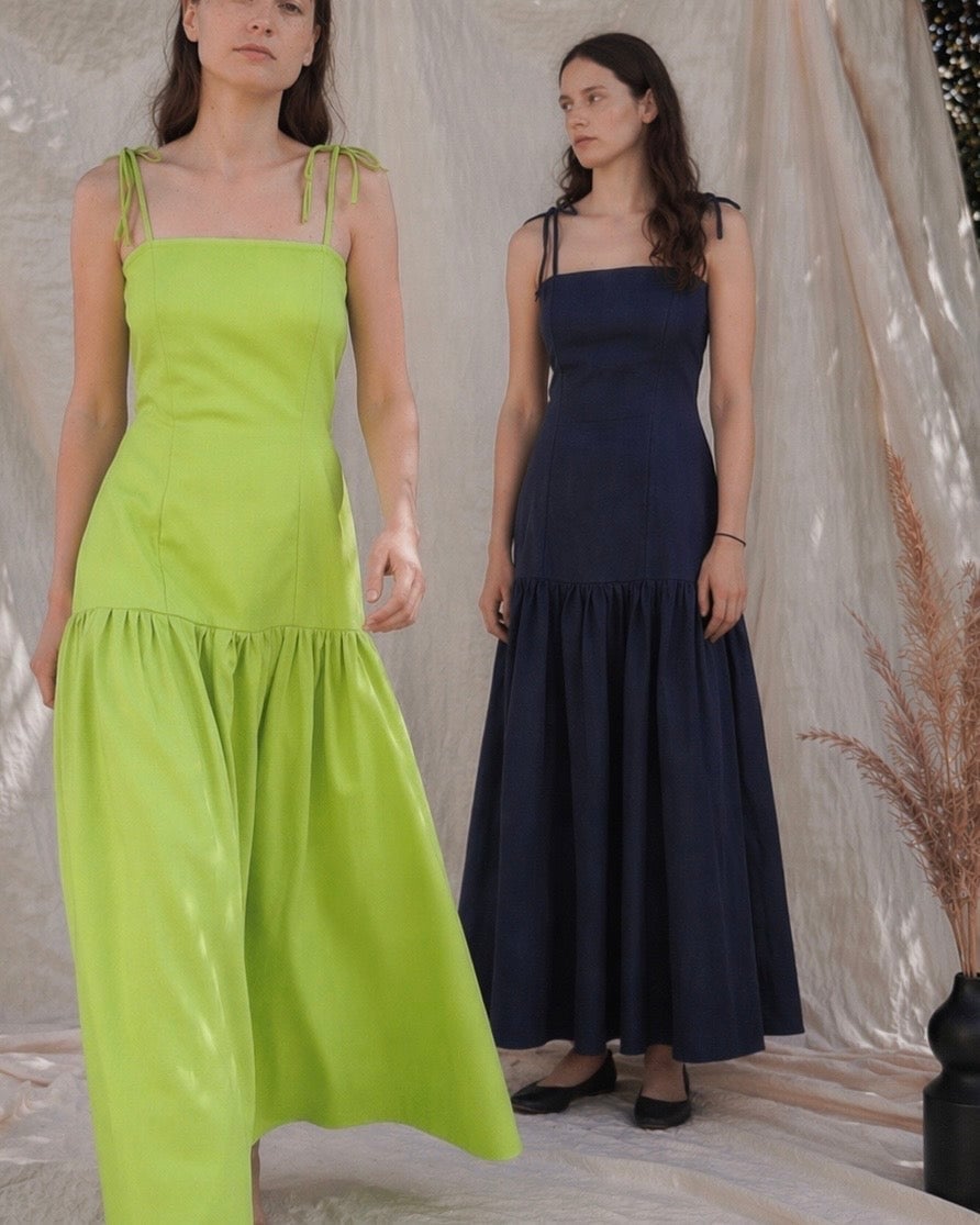Lime Green Tiered Spaghetti Strap Dress With Linen Blend Lime Green Tiered Spaghetti Strap Dress With Linen Blend — Best Unique Dresses