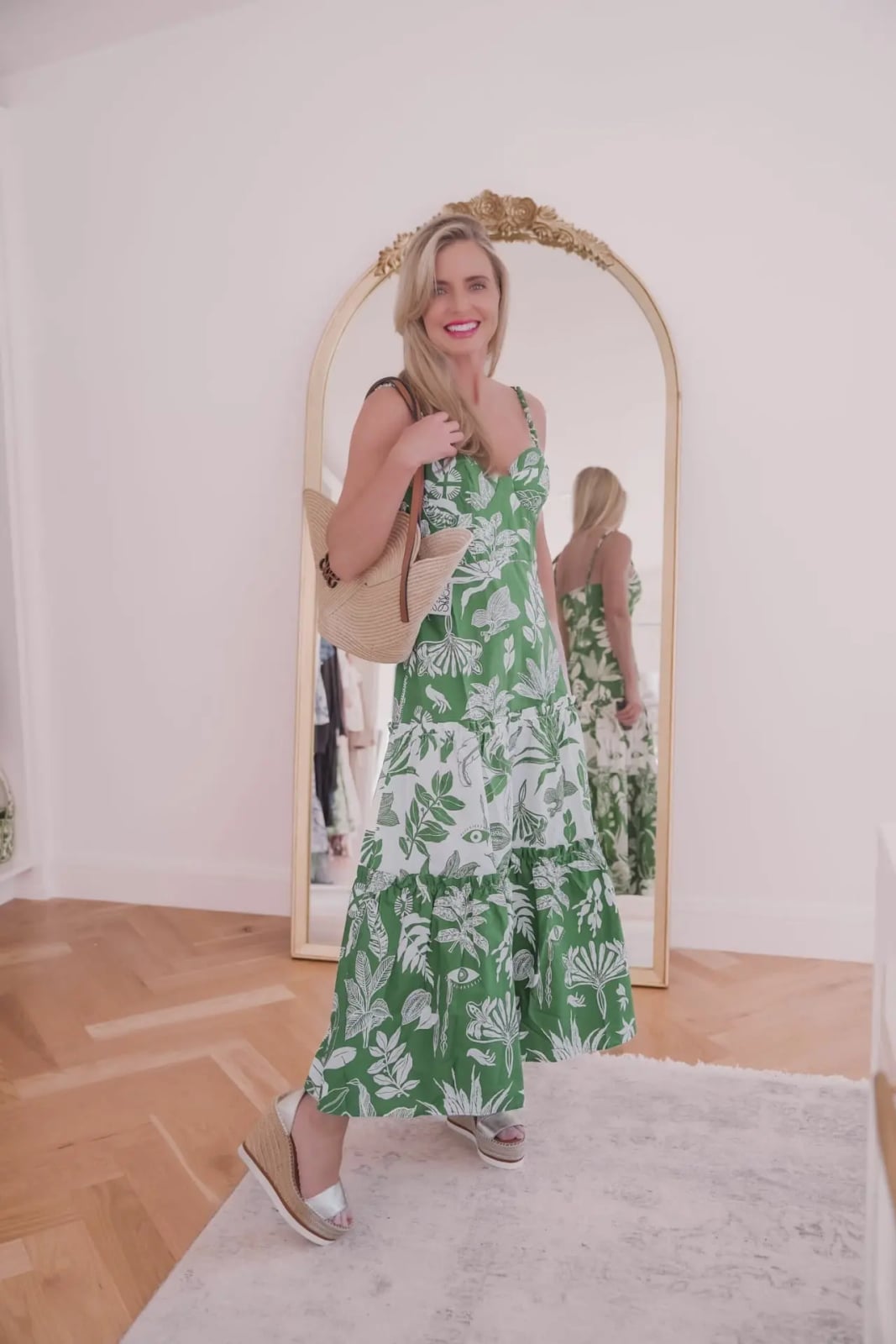Green and White Botanical Print Tiered Maxi Dress Green and White Botanical Print Tiered Maxi Dress — Best Unique Dresses