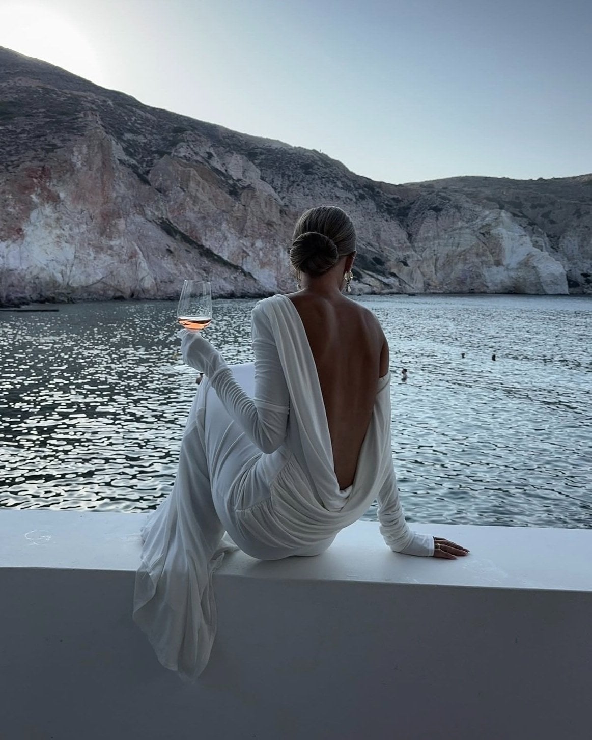 White Long-Sleeved Draped Back Crepe Dress White Long-Sleeved Draped Back Crepe Dress — Best Unique Dresses