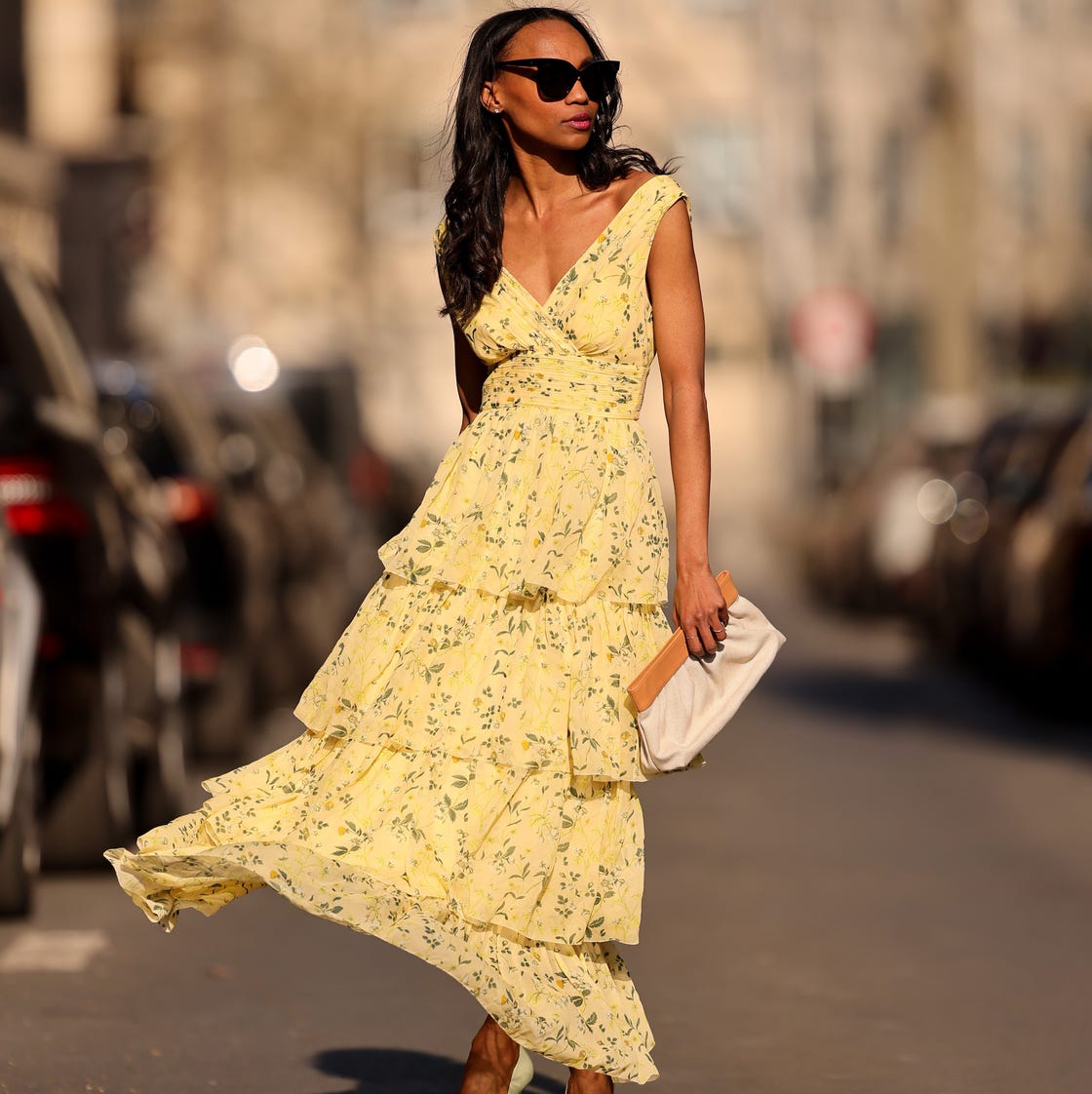 Yellow Floral Print Midi Dress with Tiered Ruffles Yellow Floral Print Midi Dress with Tiered Ruffles — Best Unique Dresses