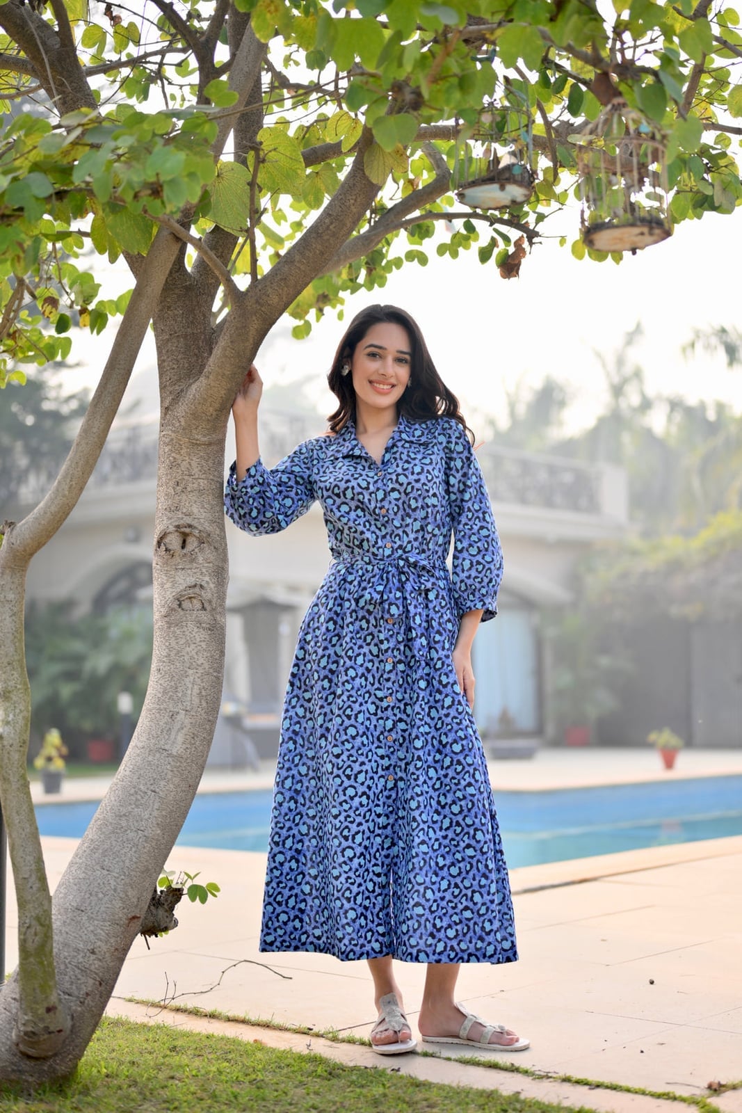 Blue Leopard Print Button-Front Midi Dress Blue Leopard Print Button-Front Midi Dress — Best Unique Dresses