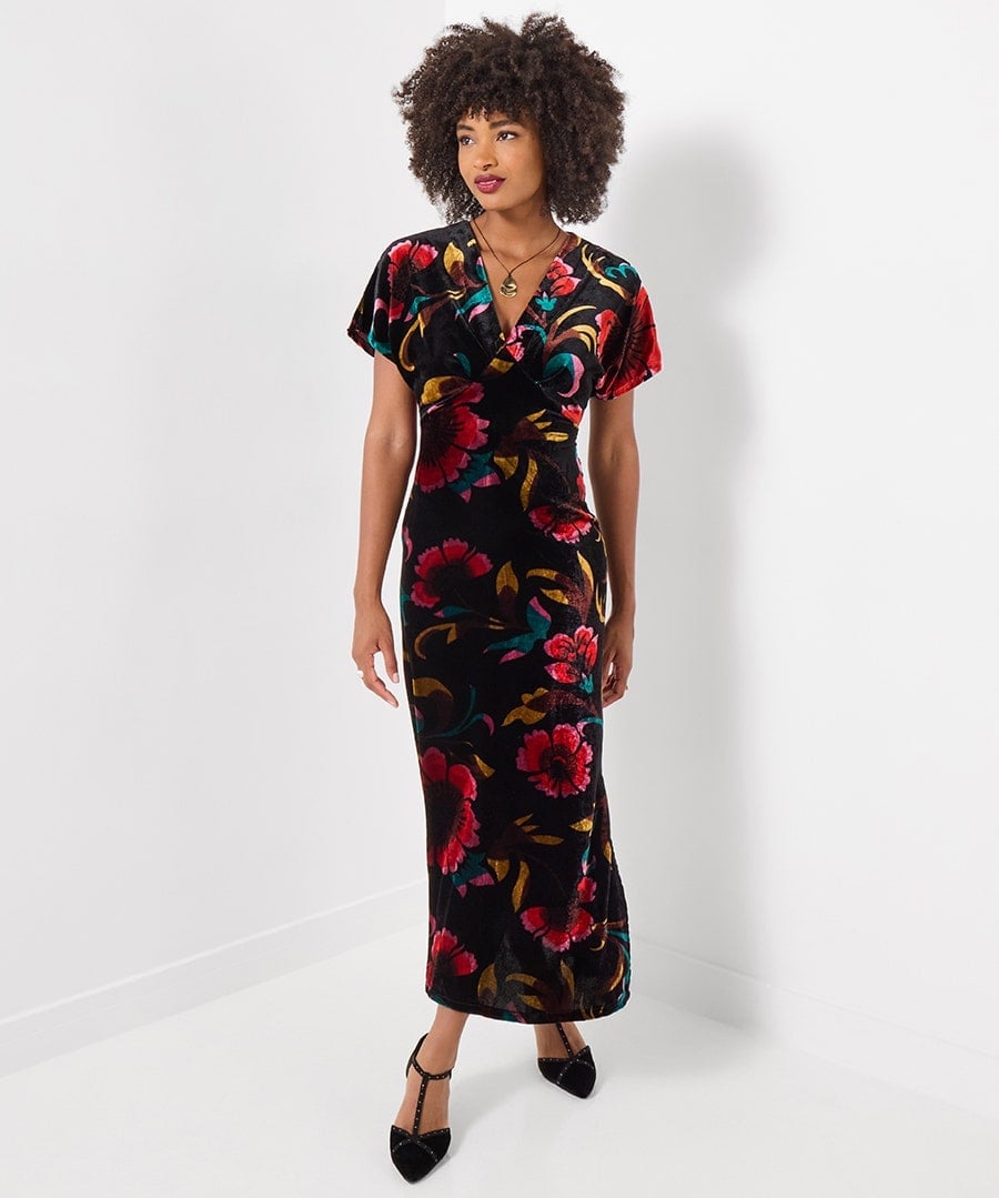 Black Floral Print Velvet Maxi Wrap Dress Black Floral Print Velvet Maxi Wrap Dress — Best Unique Dresses