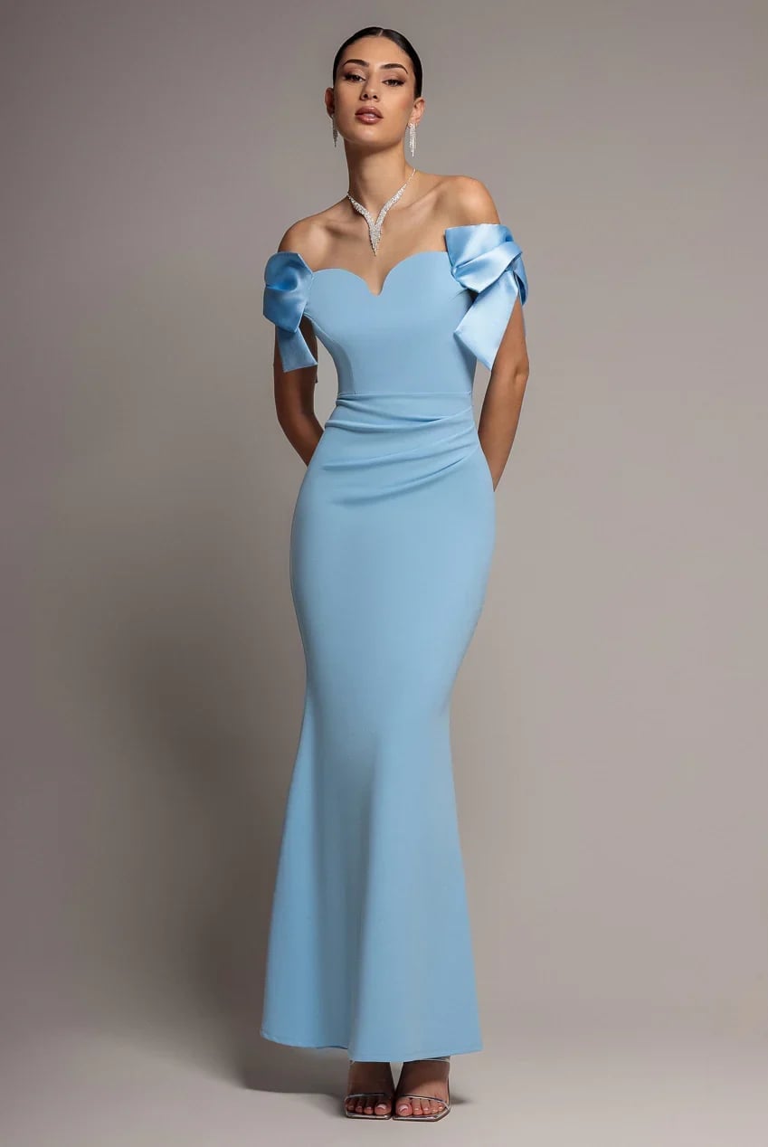 Light Blue Off-The-Shoulder Mermaid Dress with Satin Bows Light Blue Off-The-Shoulder Mermaid Dress with Satin Bows — Best Unique Dresses