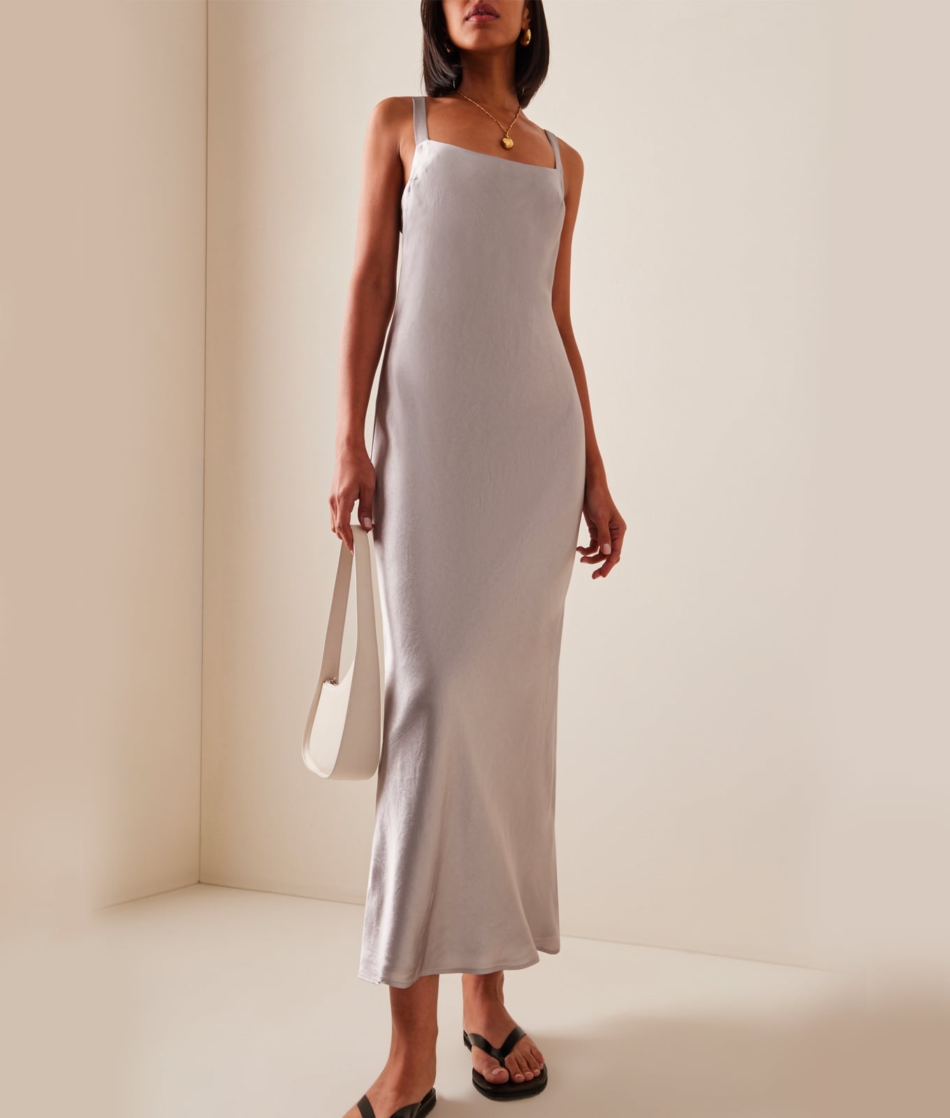 Silver Satin Slip Midi Dress Silver Satin Slip Midi Dress — Best Unique Dresses