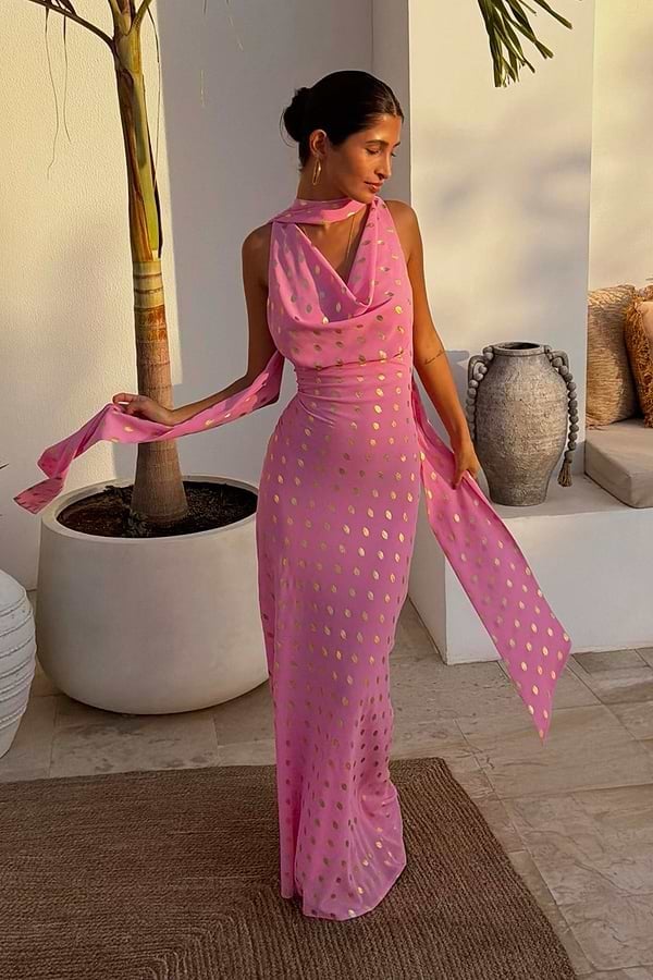 Pink Metallic Polka Dot Halter Neck Maxi Dress Pink Metallic Polka Dot Halter Neck Maxi Dress — Best Unique Dresses