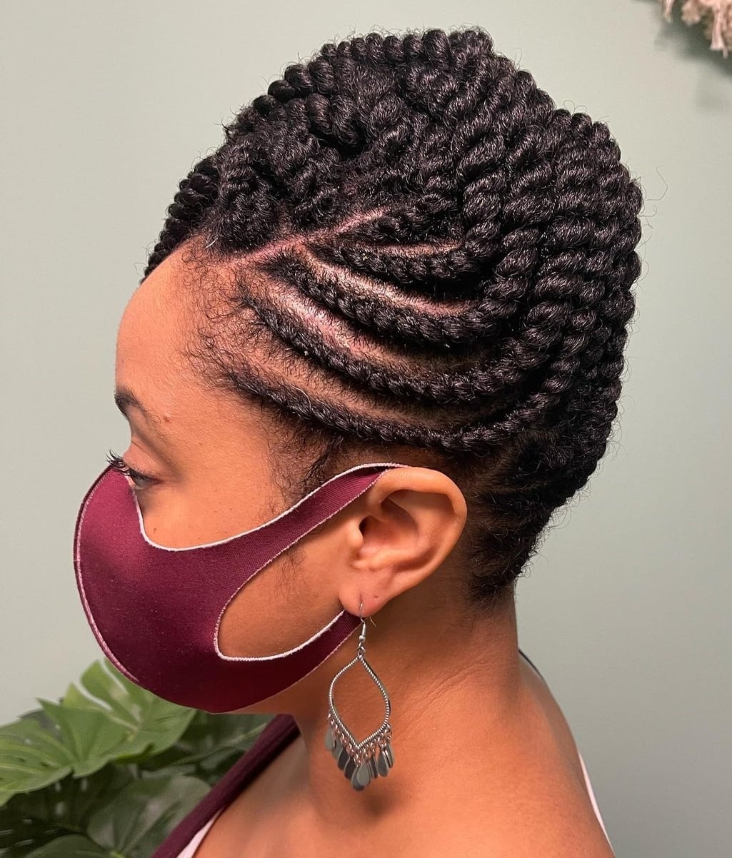 Black Coily Hair Flat Twists Cornrow Updo — Best Unique Hairstyles