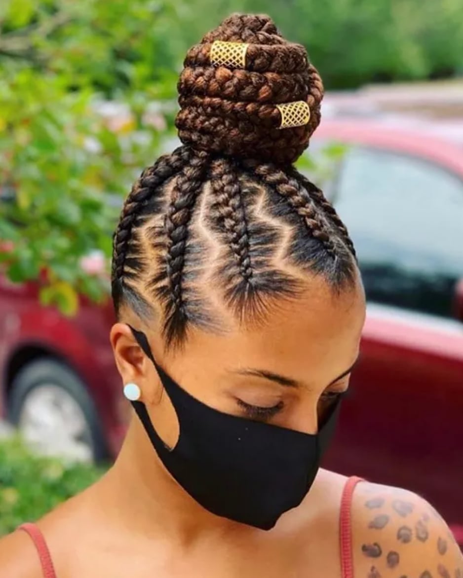 Dark Brown Geometric Braided Bun — Best Unique Hairstyles