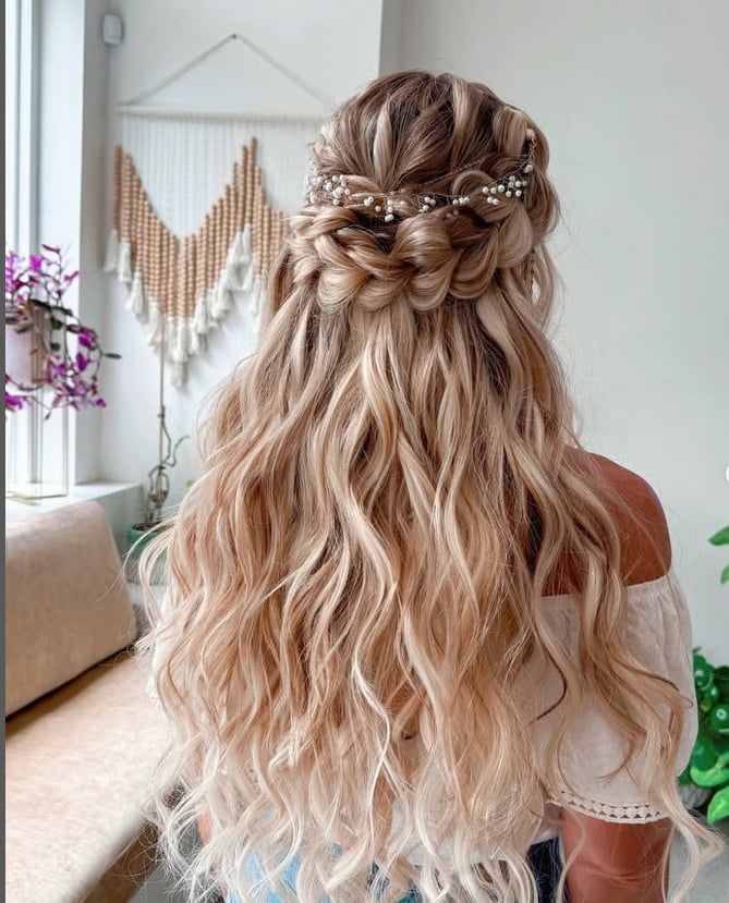 Blonde Half Updo With Braided Crown And Waves — Best Unique Hairstyles