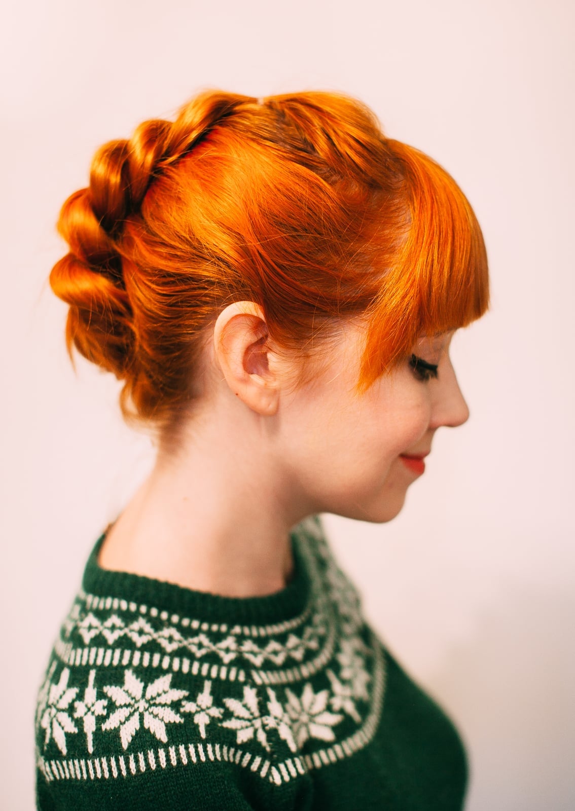 Vibrant Orange Faux Braid Updo With Blunt Bangs — Best Unique Hairstyles