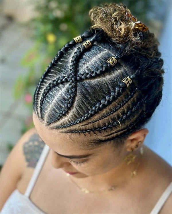 Black Coily Hair Geometric Cornrow Top Knot — Best Unique Hairstyles