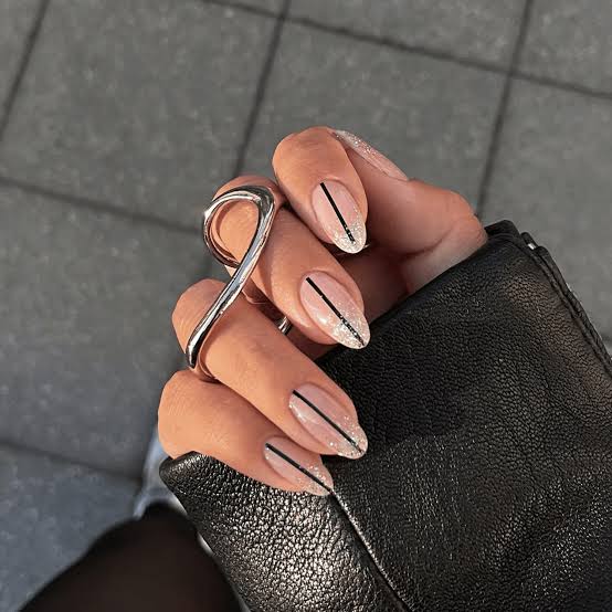 Medium Almond Sheer Nude Black Line Glitter Nails Medium Almond Sheer Nude Black Line Glitter Nails — Best Unique Nails