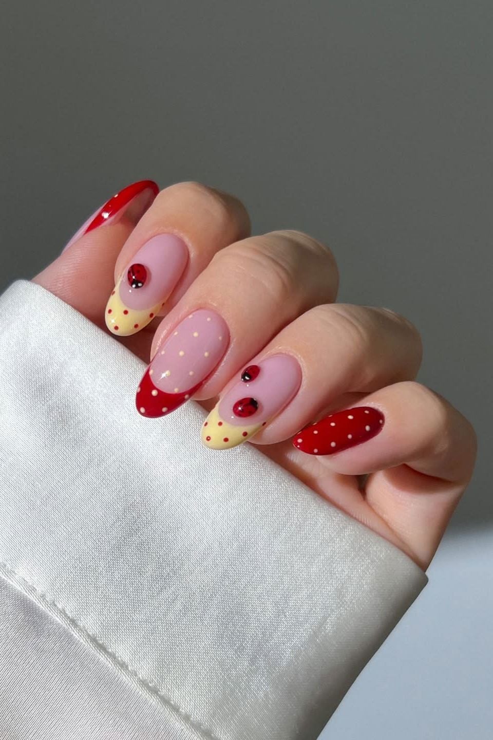 Medium Almond Red Yellow Polka Dot Ladybug Nails Medium Almond Red Yellow Polka Dot Ladybug Nails — Best Unique Nails