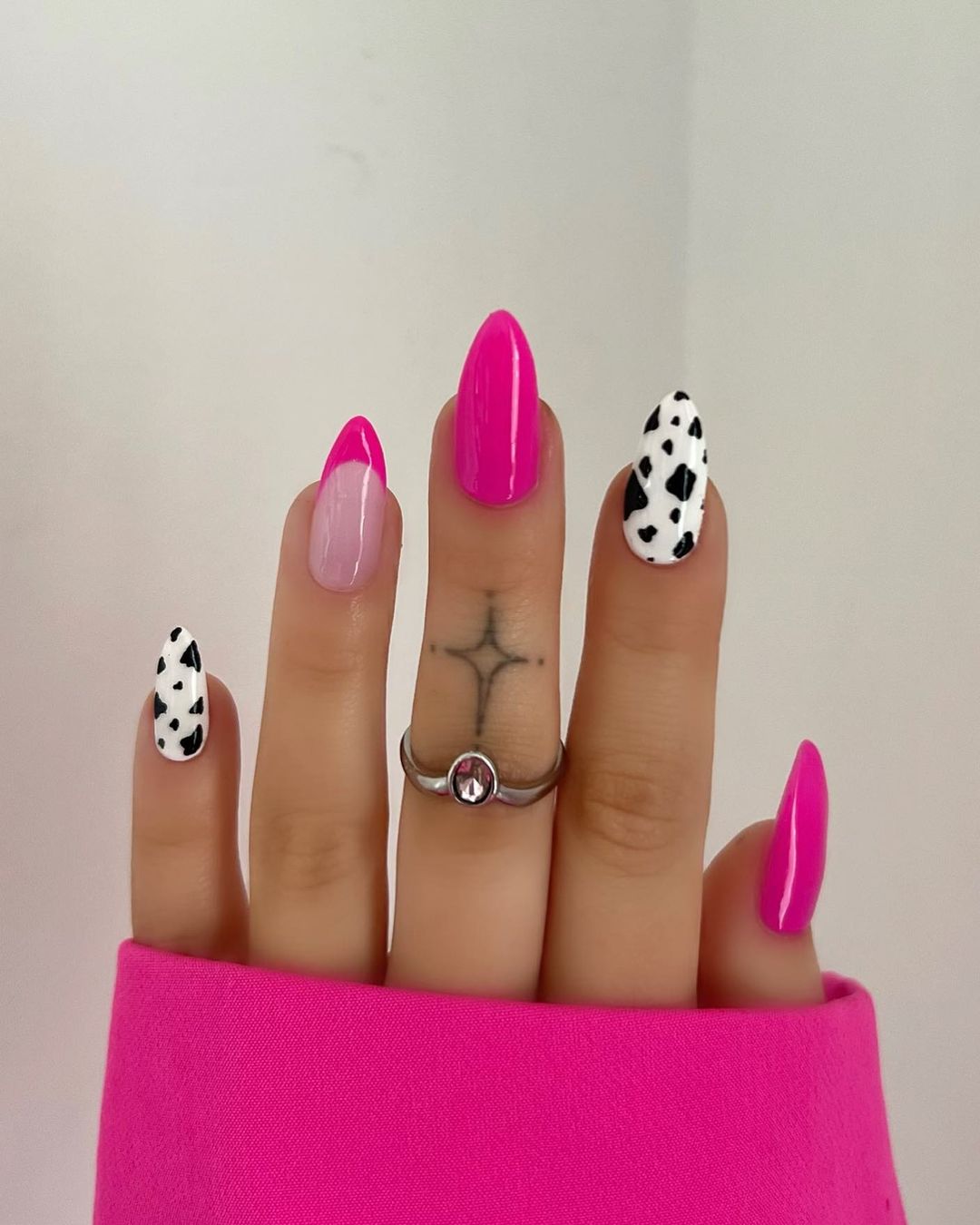 Medium Almond Hot Pink Cow Print French Tip Nails Medium Almond Hot Pink Cow Print French Tip Nails — Best Unique Nails