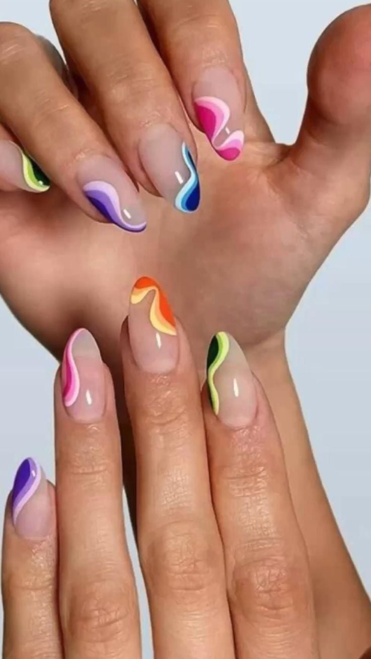 Medium Almond Swirling Multi-Color Line Art Nails Medium Almond Swirling Multi-Color Line Art Nails — Best Unique Nails