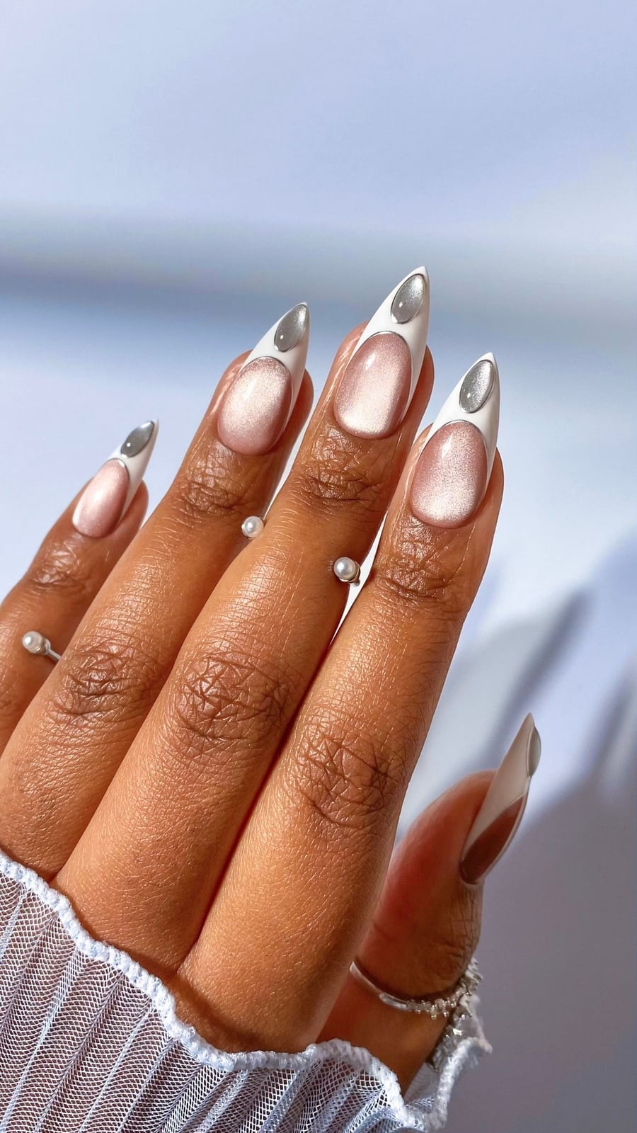 Long Sharp Almond Milky Pink Cat-Eye Pearl Nails Long Sharp Almond Milky Pink Cat-Eye Pearl Nails — Best Unique Nails