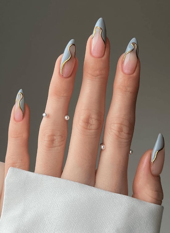 Long Stiletto Light Blue Gold Line French Tip Nails Long Stiletto Light Blue Gold Line French Tip Nails — Best Unique Nails