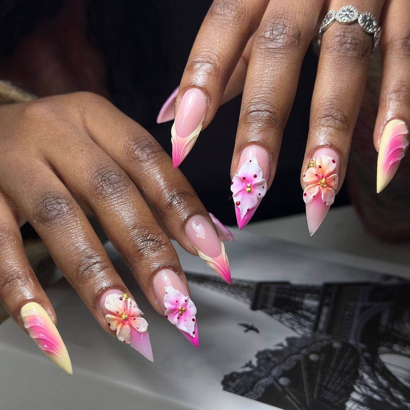 Long Stiletto Pink Yellow White Gradient 3D Floral Nails Long Stiletto Pink Yellow White Gradient 3D Floral Nails — Best Unique Nails