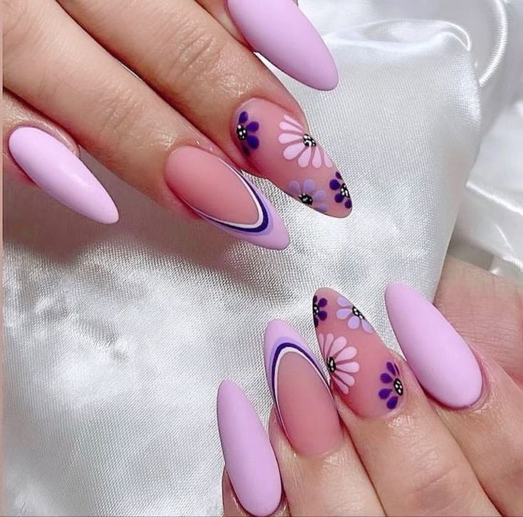 Long Almond Matte Lilac Glossy Floral French Tip Nails Long Almond Matte Lilac Glossy Floral French Tip Nails — Best Unique Nails