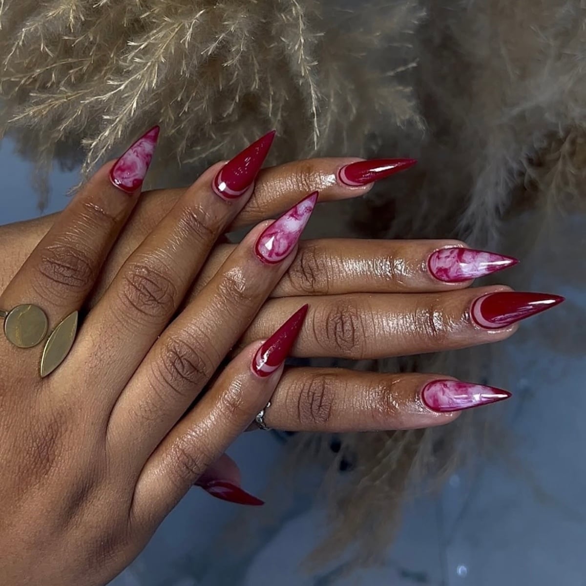 Long Stiletto Deep Red White Marble Nails Long Stiletto Deep Red White Marble Nails — Best Unique Nails