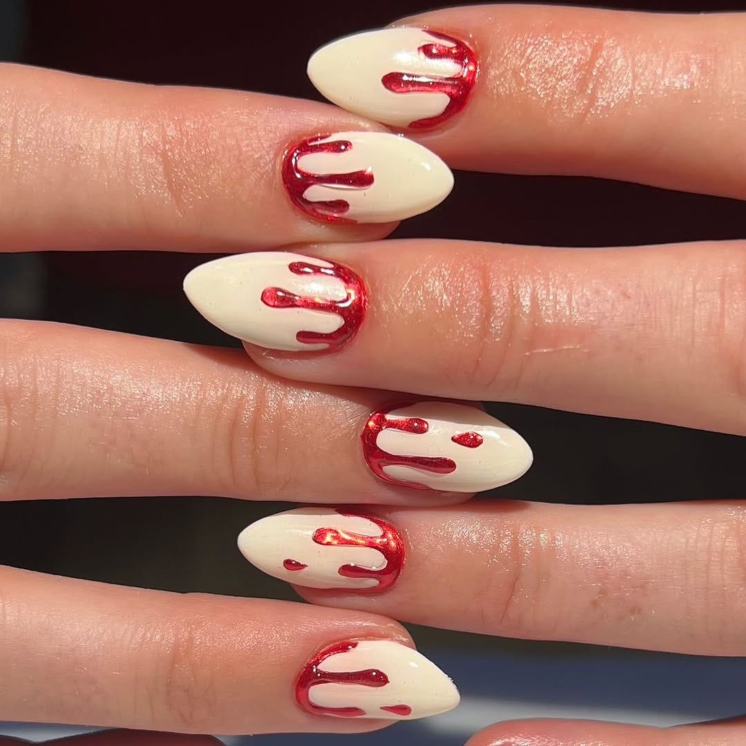 Medium Almond Off-White Red Dripping Effect Nails Medium Almond Off-White Red Dripping Effect Nails — Best Unique Nails