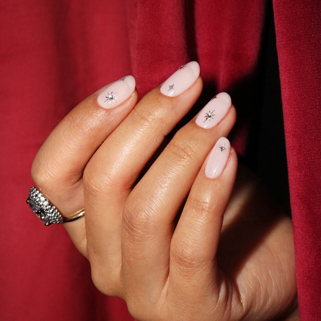 Short Almond Pale Pink Star Rhinestone Nails Short Almond Pale Pink Star Rhinestone Nails — Best Unique Nails
