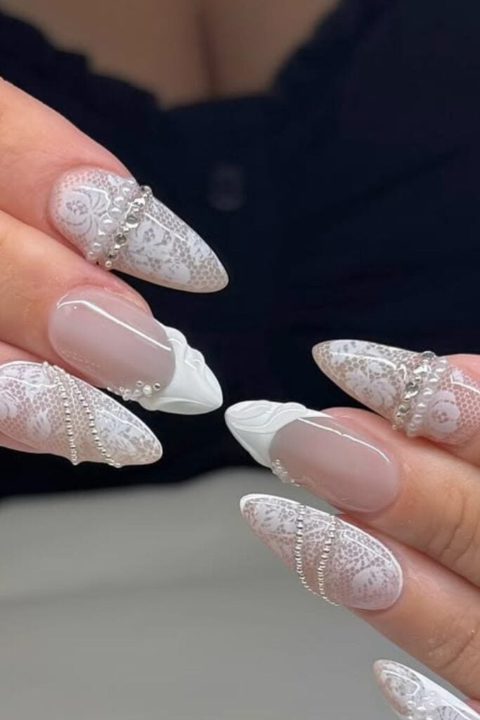 Almond Lace White French Tip Silver Bead Nails Almond Lace White French Tip Silver Bead Nails — Best Unique Nails