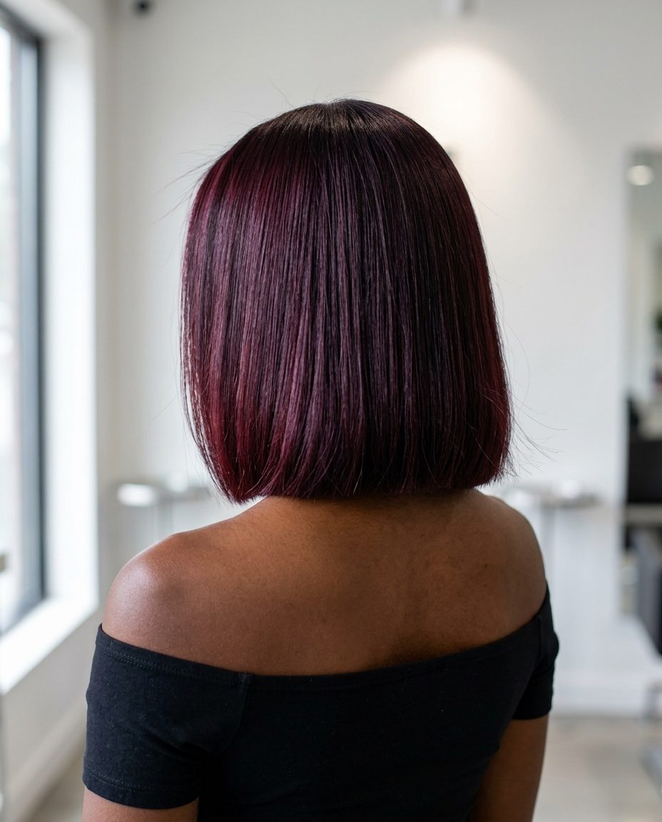 shoulder-length lob auburn hair with black cherry color, no fringe, deep violet-red — sultry evening event