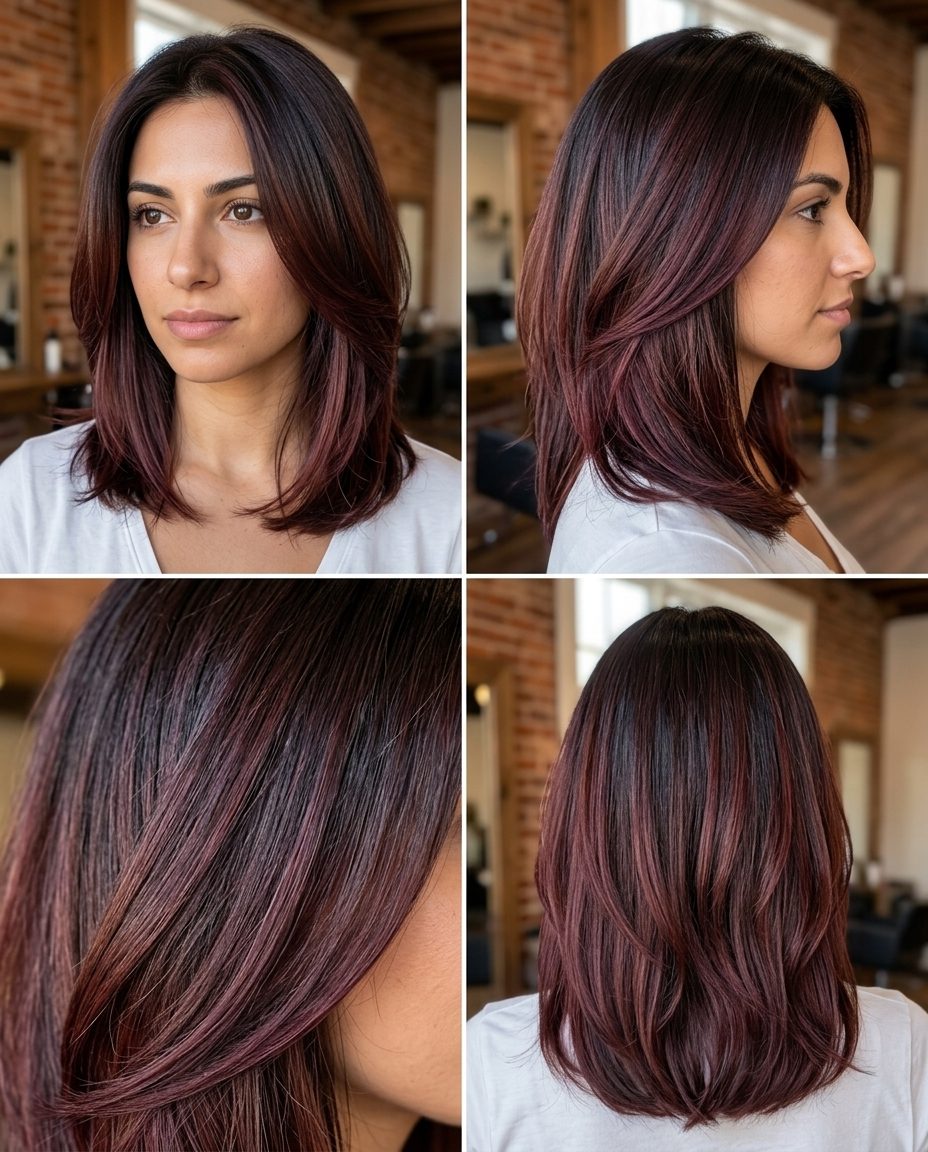 long layered black cherry chocolate brunette hair color with red-violet melt, color melt technique — sultry edgy