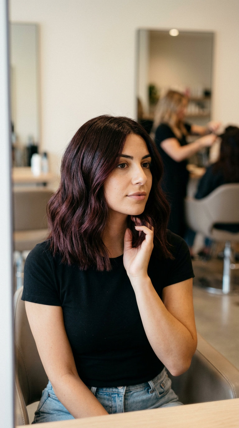 long black cherry chocolate color melt with red-violet highlights, gradient blend, no fringe — sultry evening
