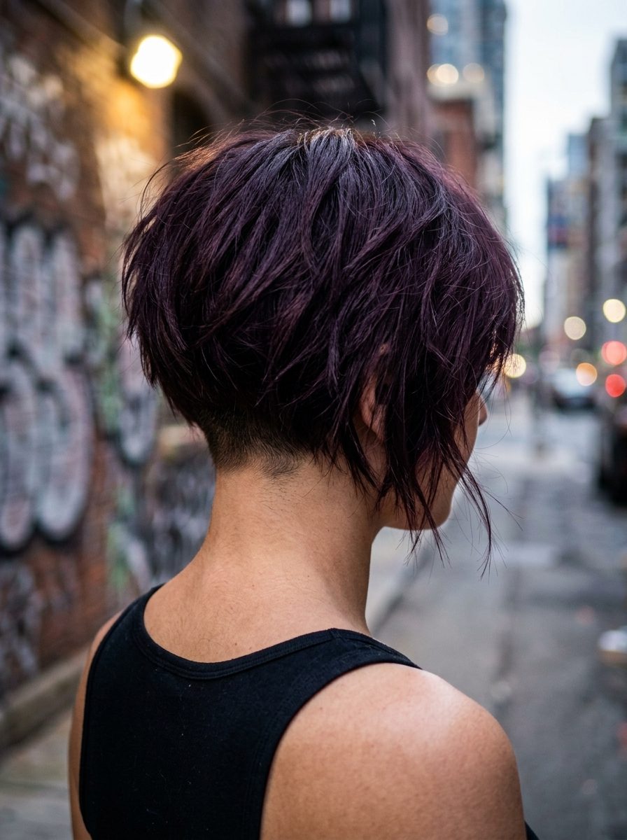 chin to shoulder espresso brunette undercut with black cherry violet-red undertones, asymmetrical layered top, edgy bold