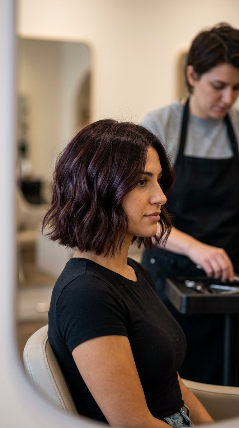 shoulder-length bob espresso brunette with black cherry undertones, soft layers, face-framing pieces — romantic french chic