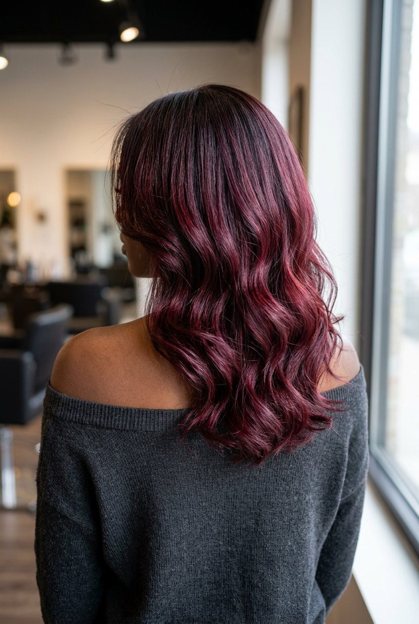 long layered auburn shadow root with black cherry & espresso tones, subtle blend for drama