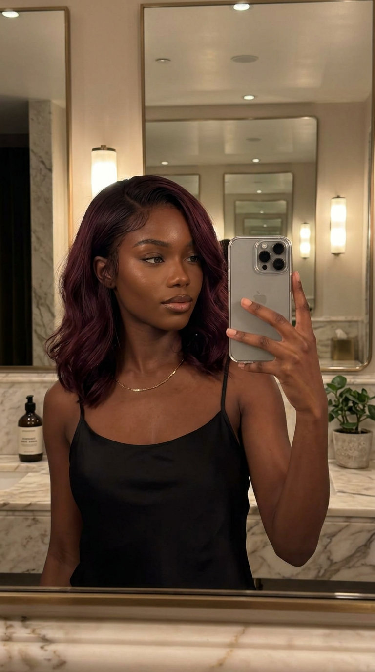 long layered black cherry shadow root with violet-red undertones for date night
