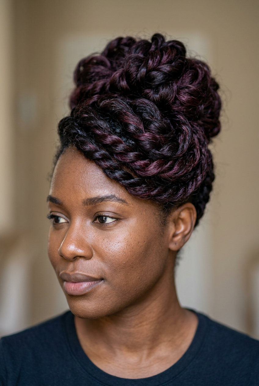 Black Cherry Updo: Elegant Summer Style medium-long black cherry sculpted updo with red-purple undertones for summer