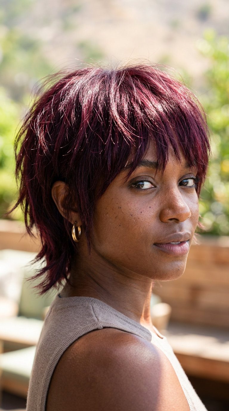 Bold Black Cherry Bixie: Playful Summer Hair short black cherry bixie haircut with piecey texture and razored layers for summer